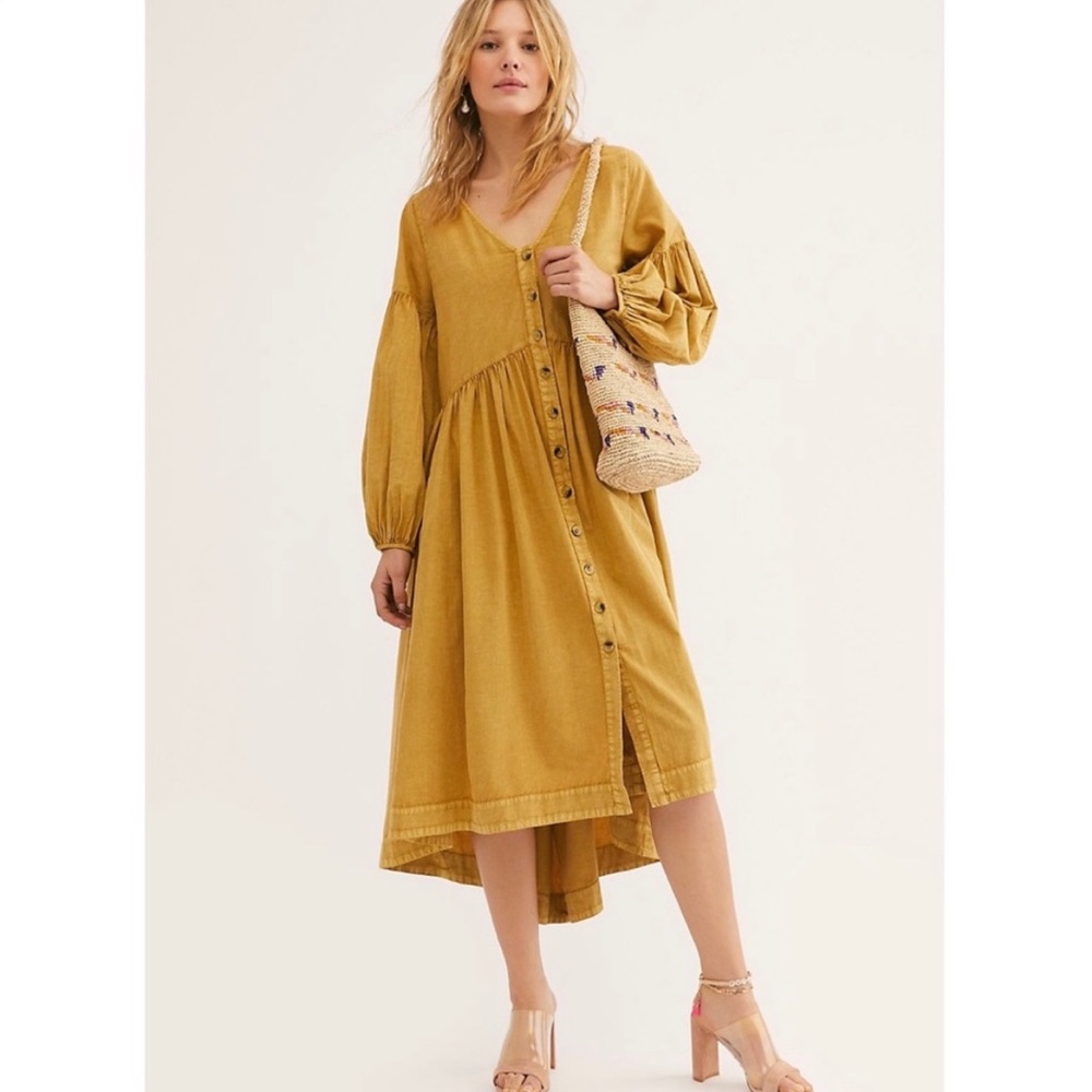 Free People Cotton V-Neck Wide Sleeve Midi Dress